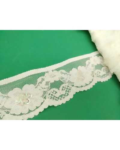 Encaje Tul Raschel Elástico Crema Bordado Festón Lentejuelas Multicolor Facetado Alto 4,5 Mm