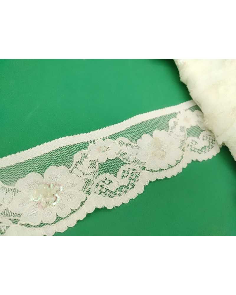 Pizzo Tulle Raschel Elastico Panna Ricamato Smerlato Paillettes Multicolor Sfaccettate Alto 4,5 Mm