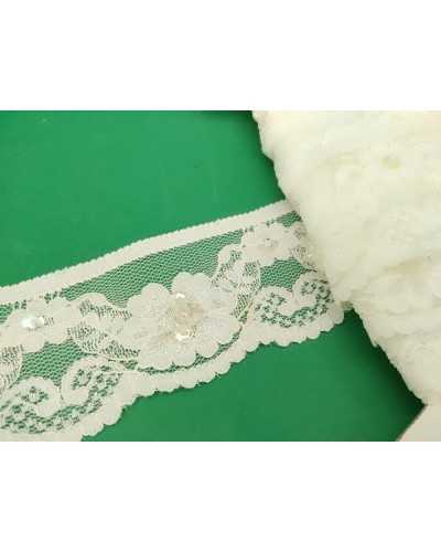 Pizzo Tulle Raschel Elastico Panna Ricamato Smerlato Paillettes Multicolor Sfaccettate Alto 4,5 Mm