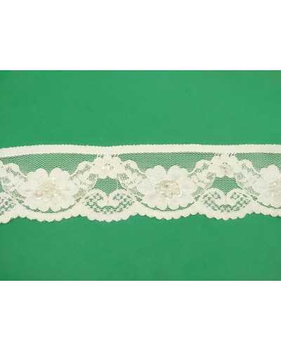 Pizzo Tulle Raschel Elastico Panna Ricamato Smerlato Paillettes Multicolor Sfaccettate Alto 4,5 Mm