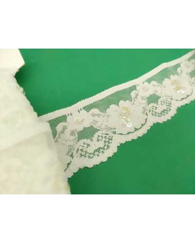 Raschel-Spitzentüll, elastisch, cremefarben, bestickt, überbackene Pailletten, mehrfarbig, facettiert, Höhe 4,5 mm