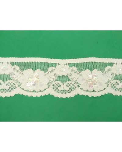 Pizzo Tulle Raschel Elastico Panna Ricamato Smerlato Paillettes Multicolor Sfaccettate Alto 4,5 Mm