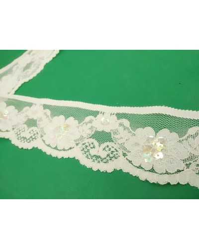 Pizzo Tulle Raschel Elastico Panna Ricamato Smerlato Paillettes Multicolor Sfaccettate Alto 4,5 Mm