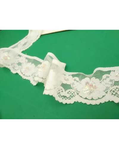 Pizzo Tulle Raschel Elastico Panna Ricamato Smerlato Paillettes Multicolor Sfaccettate Alto 4,5 Mm