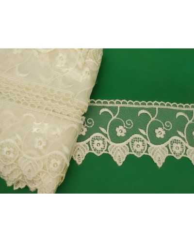 Passamaneria Pizzo Organza Ricamato Fiore Panna Smerlato Alto 8 Cm