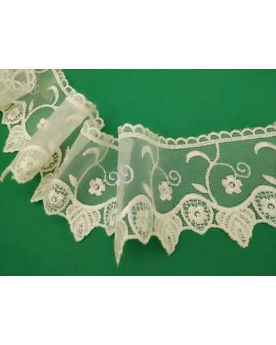 Passamaneria Pizzo Organza Ricamato Fiore Panna Smerlato Alto 8 Cm