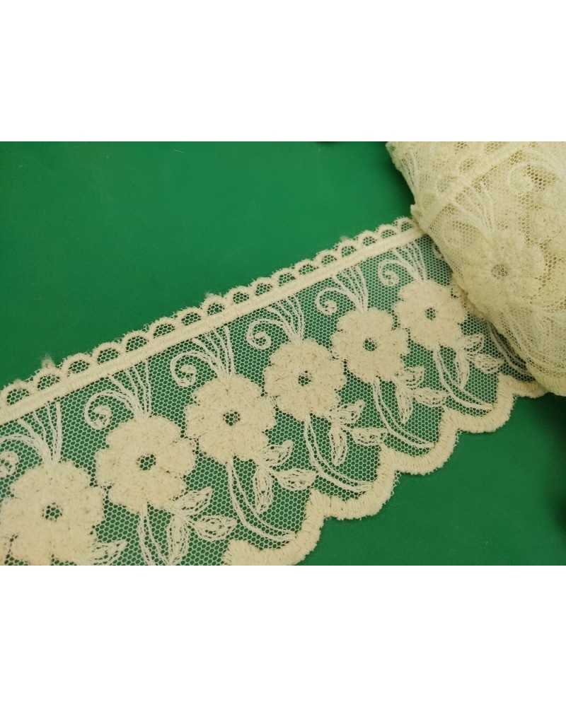 Dentelle Cloison Tulle Coton Festonné Ecru Relief Fleurs Eponge Haut 8 Cm