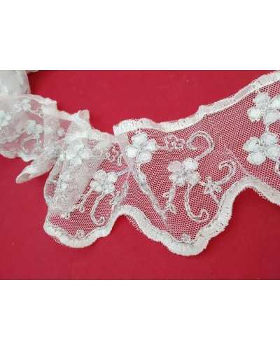 Passamaneria Tulle Pizzo Merletto Lurex Argento Fiori Smerlo Bianco Latte Alto 8 Cm