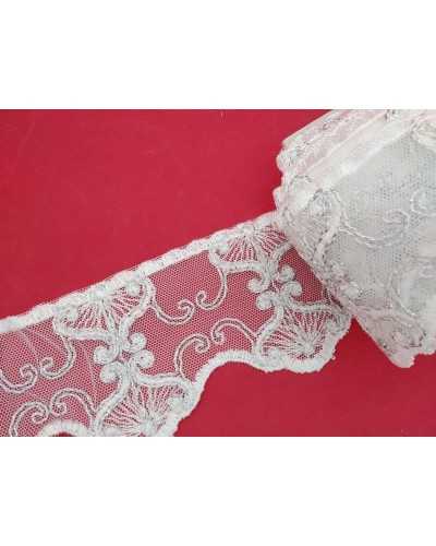 Passementerie Tulle Dentelle Lurex Argent Pétoncle Blanc Lait Haut 8 Cm