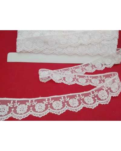 Passementerie Dentelle Tulle Blanc Brodé Fleurs Festonnées Pointe Haut 3 Cm