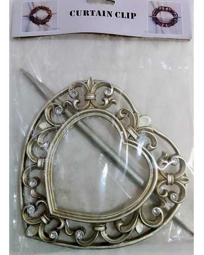 Heart silver lacquered wooden curtain tieback with rhinestones 18x18 cm 
