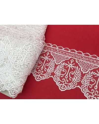 Passamaneria Pizzo Tulle Merletto Sacro Base Bianco Ricamato Croce Spiga Alto 8 Cm