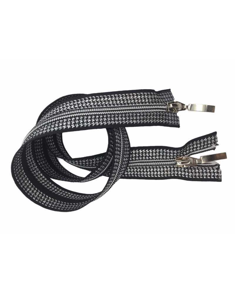 Fermeture Éclair Fermeture Éclair Pied De Poule Noir Argent Double Curseur 80 Cm De Long