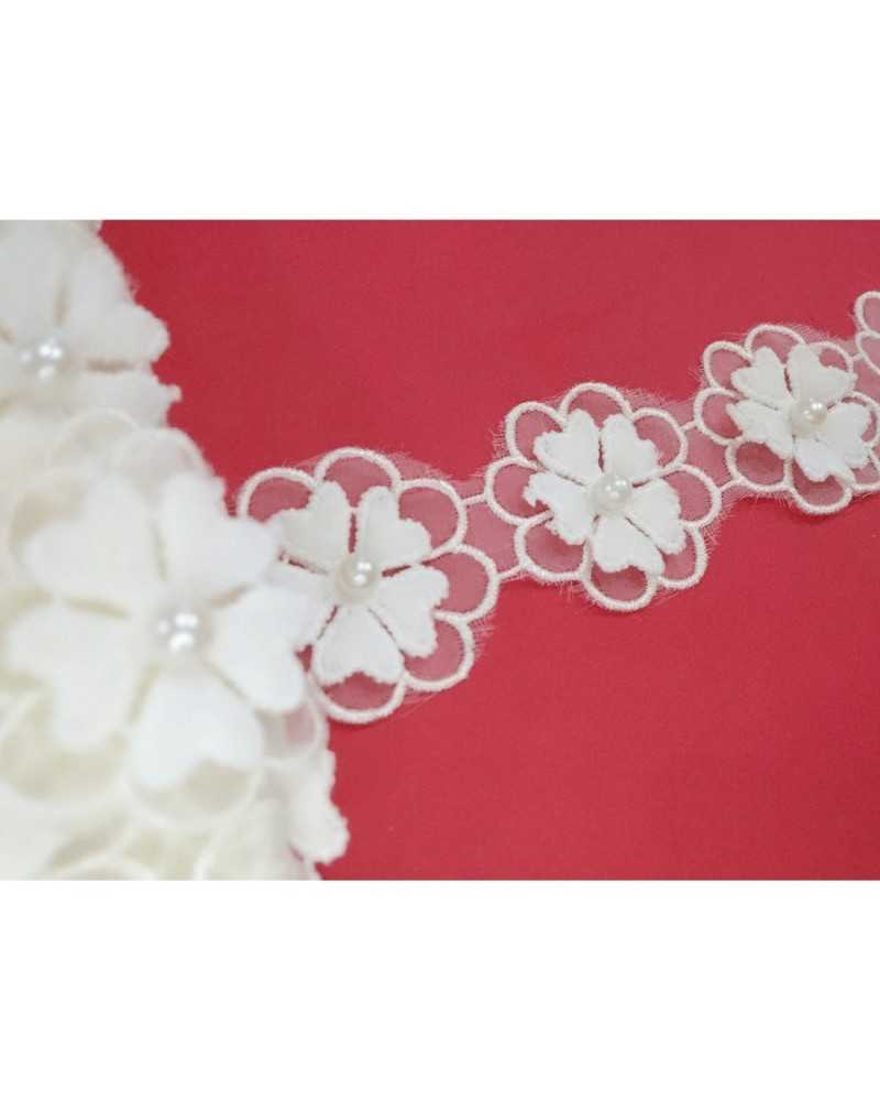 50 cm Verzierungen, Blumen, bestickter Organza-Ausschnitt, Perlenstecker, 35 mm hoch, 13 Stück