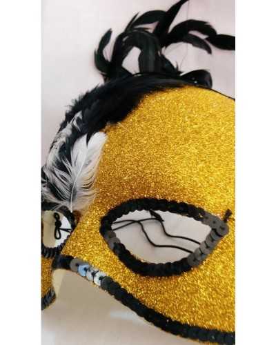Maschera glitterata oro con piume