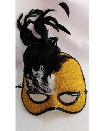Máscara de purpurina dorada con plumas
