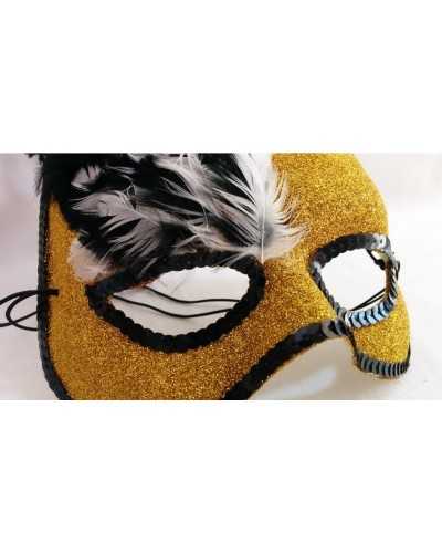 Maschera glitterata oro con piume