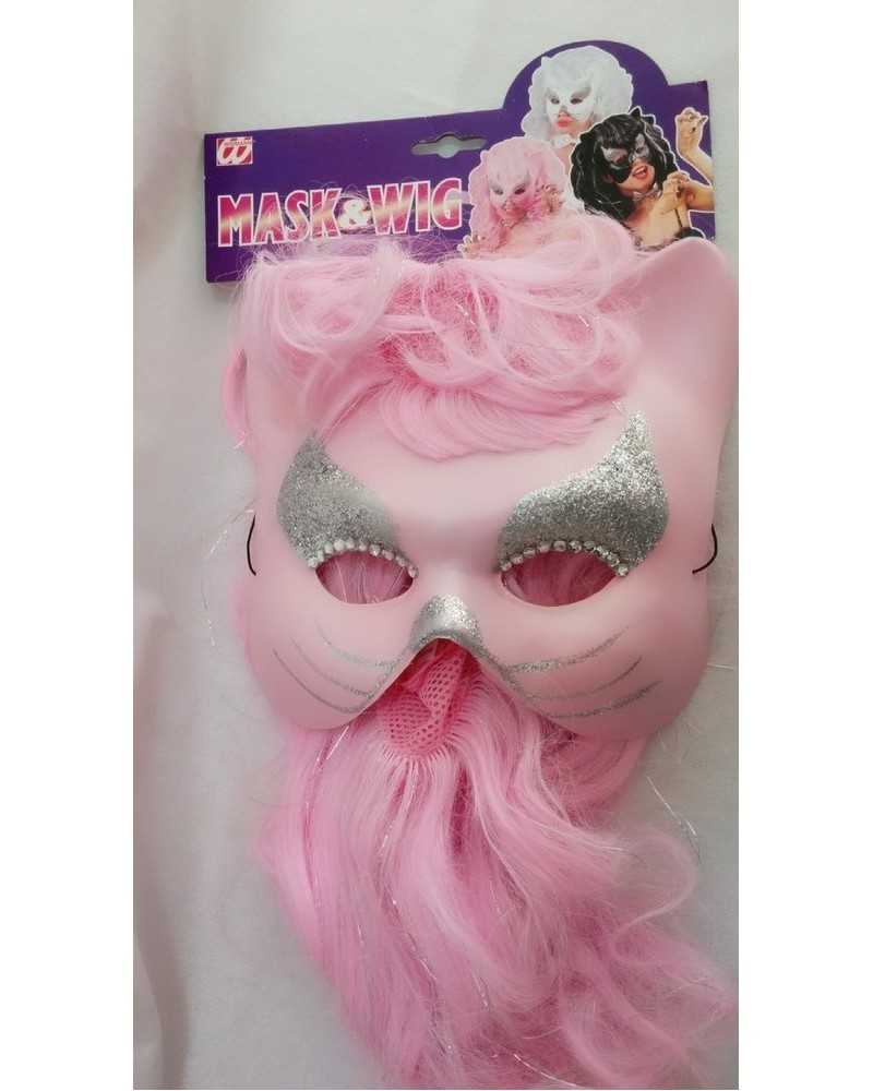 Maschera intera gatto rosa con capelli