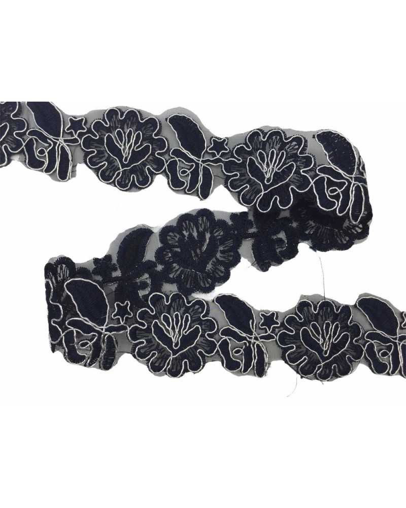 50 cm Passementerie Bord Fleur Organza Brodé Fil Argent 45 Mm Haut