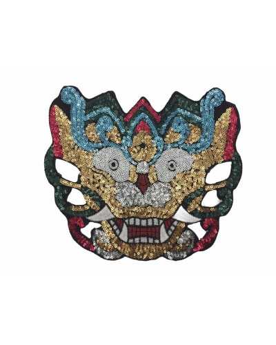 Aufnäher zum Aufbügeln, chinesische Drachenmaske aus gestickten Mikropailletten, 19 x 16 cm