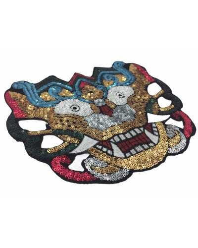 Ecusson thermocollant masque dragon chinois en micro sequins brodés 19x16 cm
