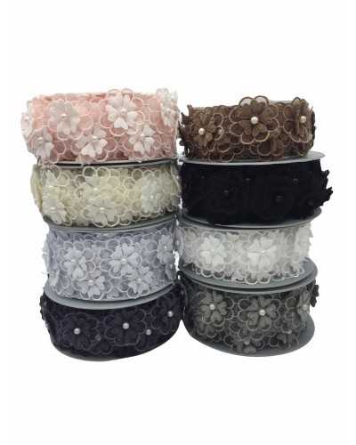 50 cm Verzierungen, Blumen, bestickter Organza-Ausschnitt, Perlenstecker, 35 mm hoch, 13 Stück