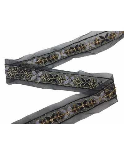 50 cm schwarze Besätze, bestickte goldfarbene genähte Perlen, Organza-Basis, 25 mm hoch