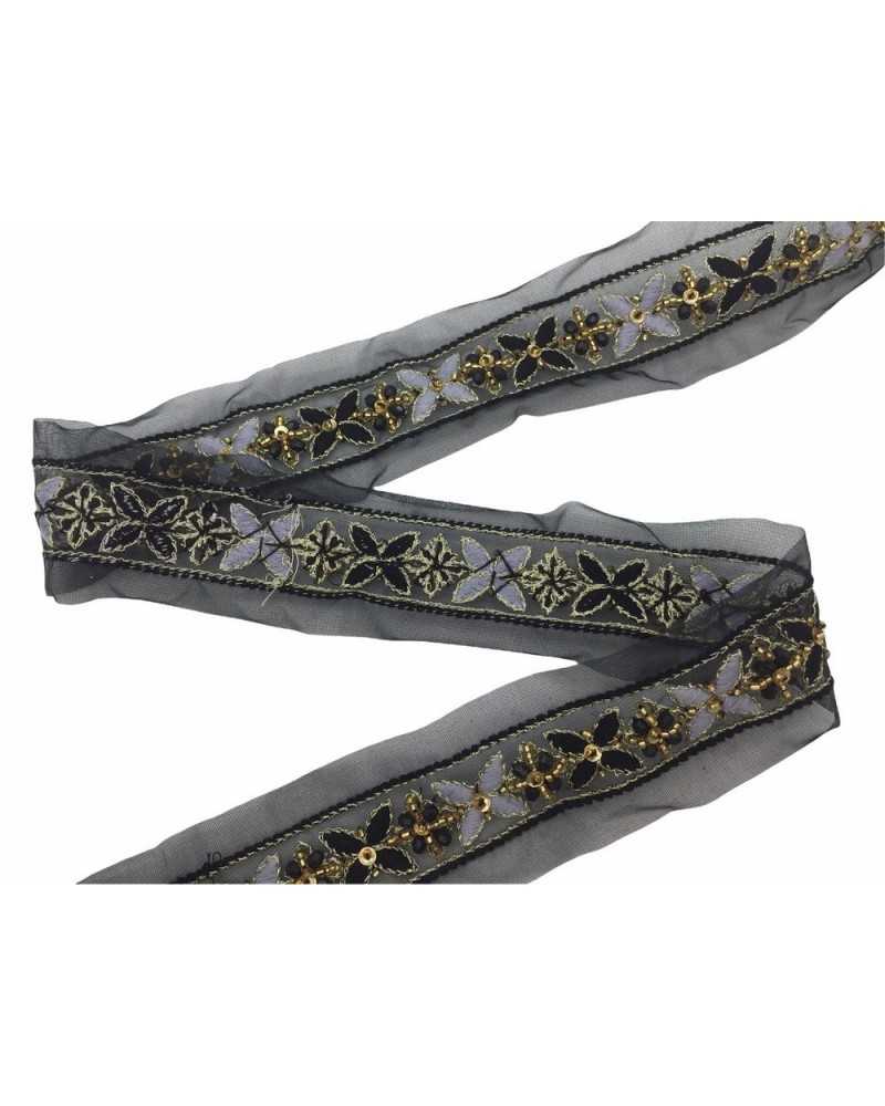 50 cm schwarze Besätze, bestickte goldfarbene genähte Perlen, Organza-Basis, 25 mm hoch