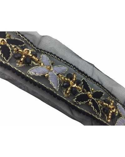 50 cm schwarze Besätze, bestickte goldfarbene genähte Perlen, Organza-Basis, 25 mm hoch