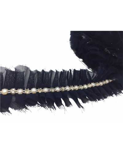 50 Cm Rouches Georgette Double Effiloché Strass Argent Demi Perles Blanches 5 Cm De Haut