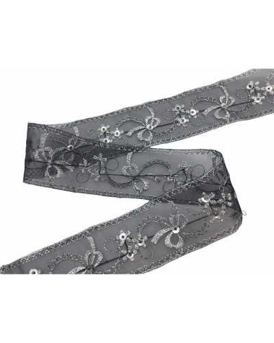 50 cm Trennwandbasis aus schwarzem Organza, bestickt in Silber, Höhe 4 cm