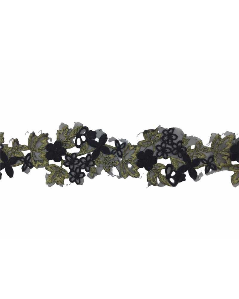 50 cm Verzierungen, Spitzenausschnitt, bestickt, schwarz-goldene Organza-Basis, 7 cm hoch