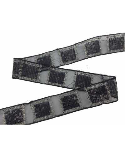 Passementerie bordure base organza noir sequins brodés fil d'argent