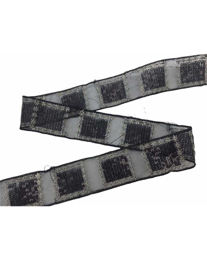 Trimmings border base black organza sequins embroidered silver thread