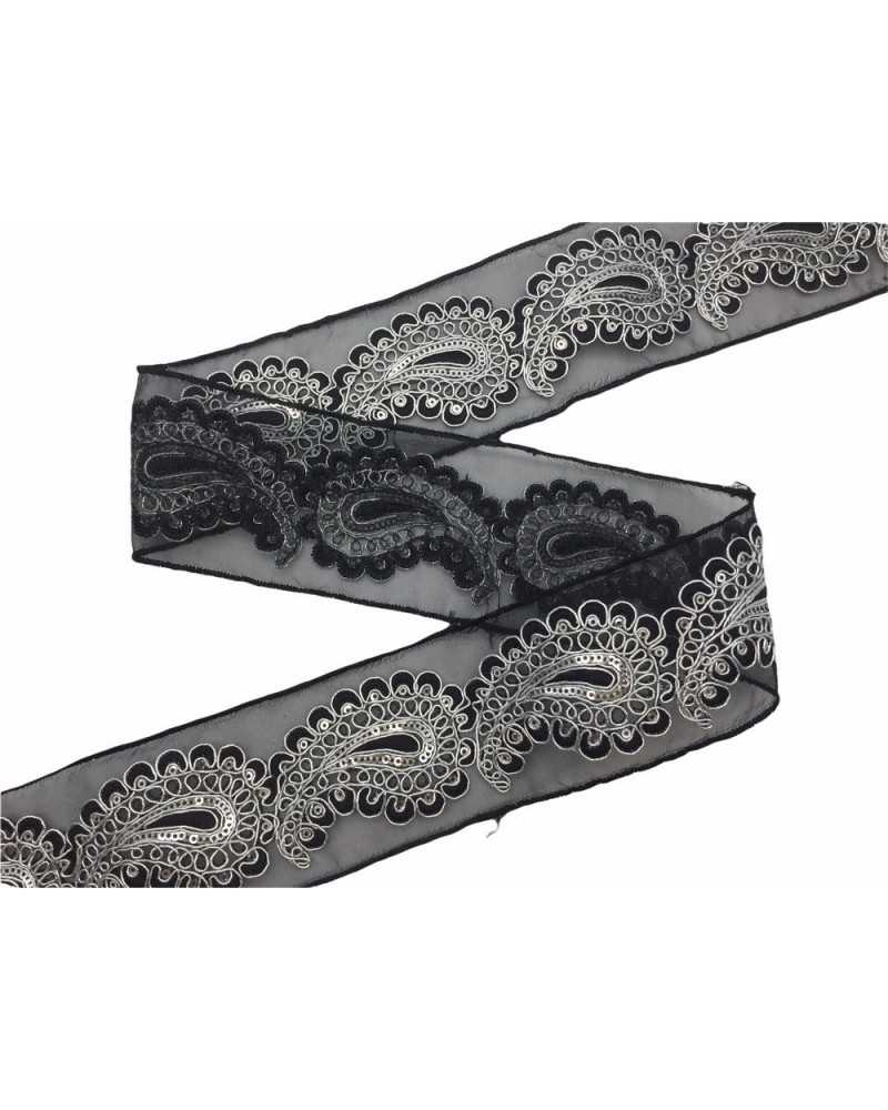 50 Cm Pasamanería Borde Organza Bordado Plata Negro Micro Lentejuelas Cachemir Alto 65 Mm
