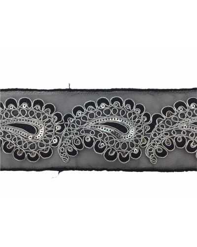 50 Cm Pasamanería Borde Organza Bordado Plata Negro Micro Lentejuelas Cachemir Alto 65 Mm