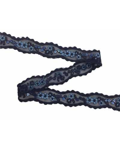 Besatzteiler, bestickte Blumen, blaue Pailletten, Höhe 25 mm