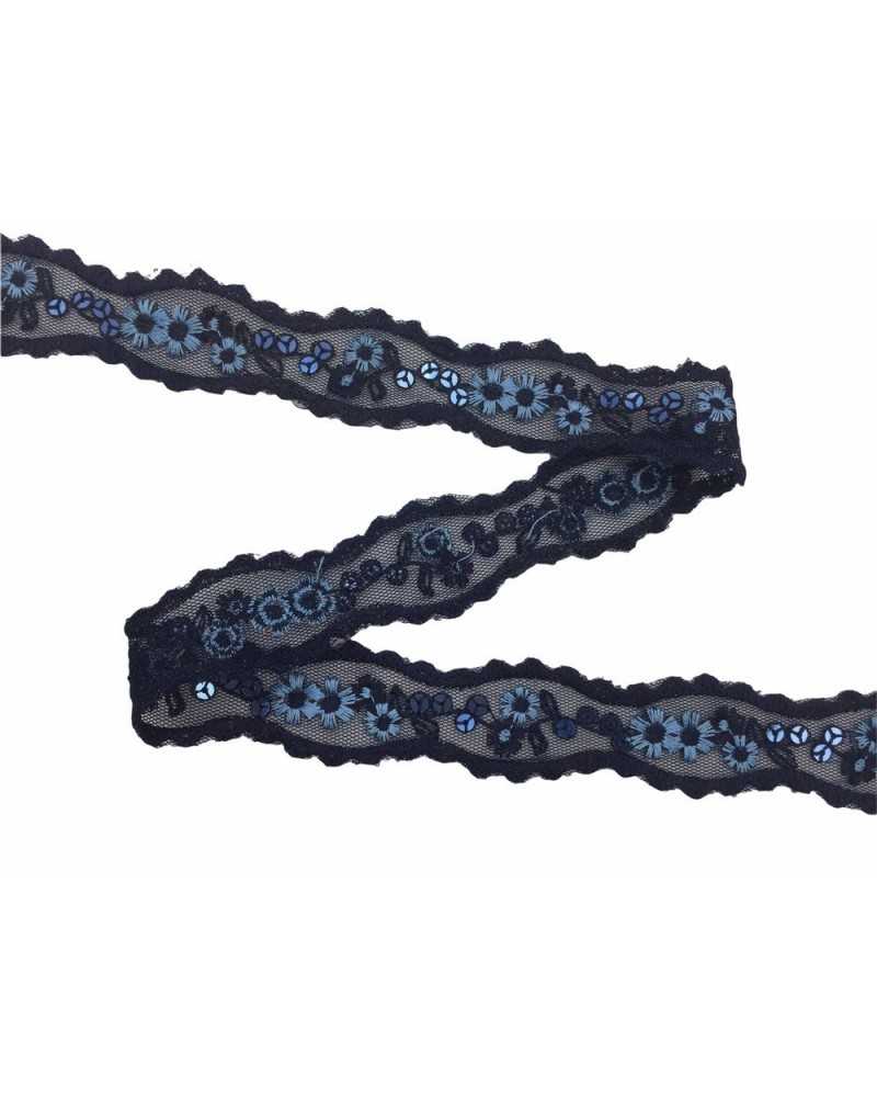 Passementerie Cloison Fleurs Brodées Paillettes Bleues Haute 25 Mm