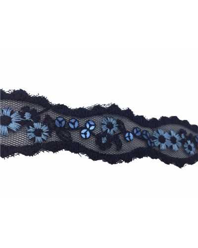 Passementerie Cloison Fleurs Brodées Paillettes Bleues Haute 25 Mm