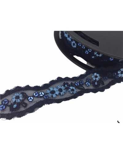Besatzteiler, bestickte Blumen, blaue Pailletten, Höhe 25 mm