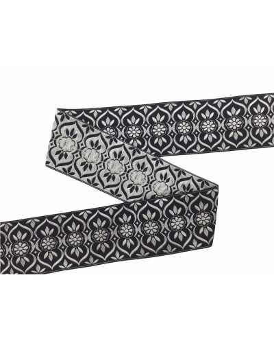 Besatz-Trennwand, Gallone, bestickt, schwarz-silbernes Blumenmuster, 5 cm hoch