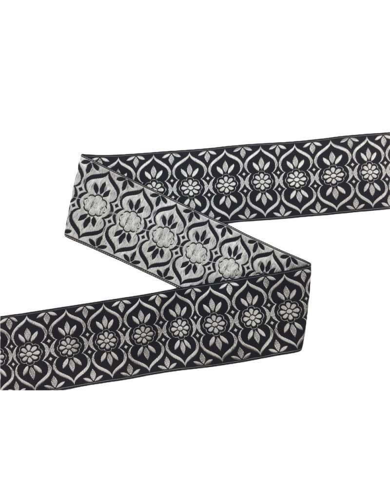 Passementerie Cloison Gallon Brodée Motif Fleur Noir Argenté 5 Cm De Haut