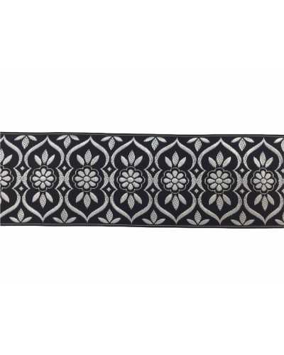 Besatz-Trennwand, Gallone, bestickt, schwarz-silbernes Blumenmuster, 5 cm hoch