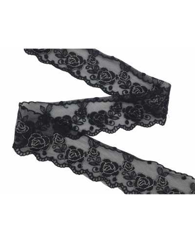 50 Cm Merletto Tulle Ricamato Punta Smerlato Rose Filo Lurex Alto 6 Cm
