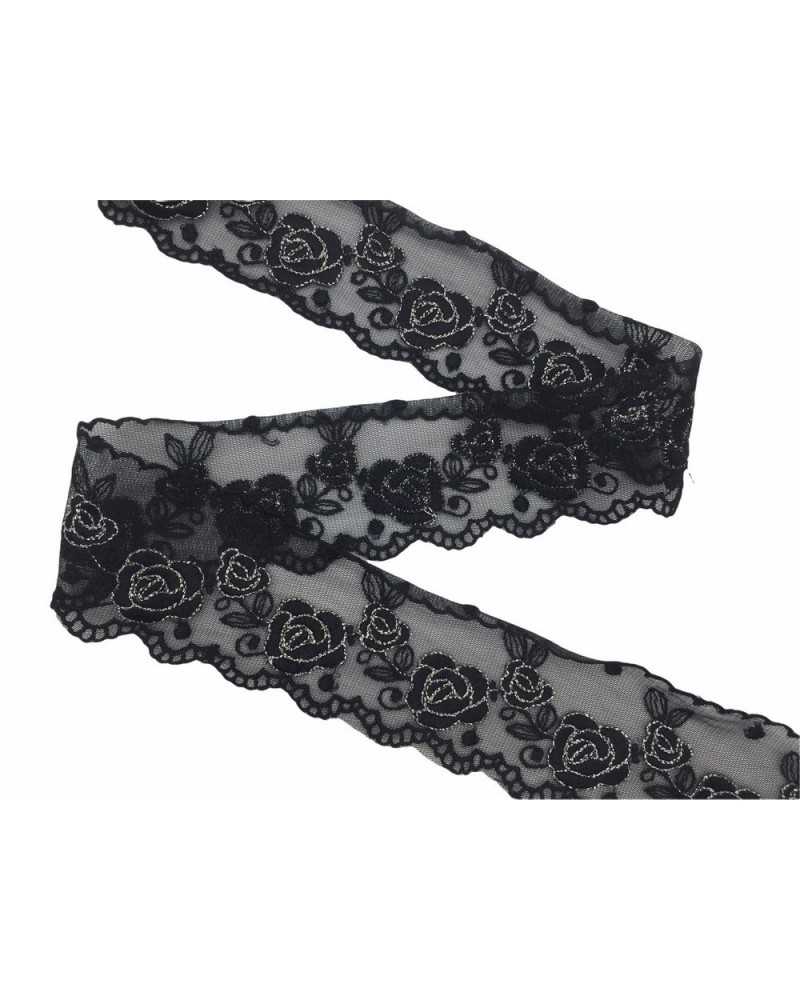 50 Cm Merletto Tulle Ricamato Punta Smerlato Rose Filo Lurex Alto 6 Cm