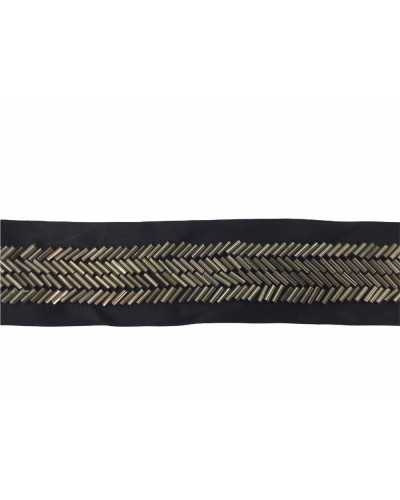 Pasamanería 60 Cm Borde Negro Con Tubos Cosidos De Metal Plateado De 4 Cm De Alto
