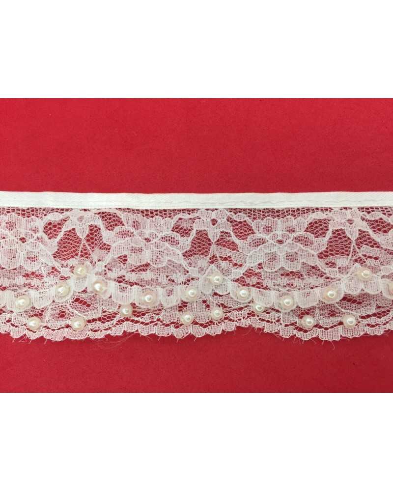 50 Cm Passementerie Dentelle Double Volant Blanc Perle 45 Mm De Haut