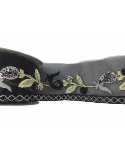 50 Cm Passamaneria Bordo Ricamato Lurex Pearl Paillettes Organza Nero Alto 6C