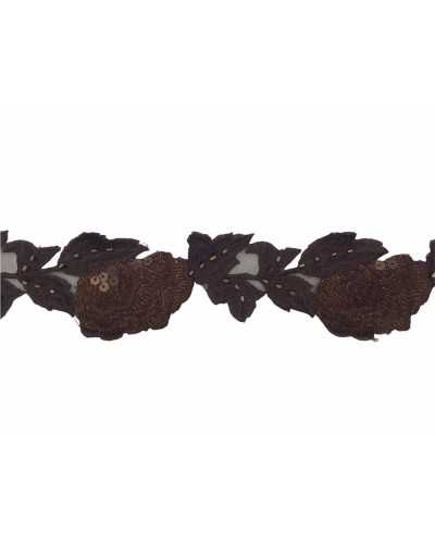 Besatzbordüre, ausgeschnitten, bestickt, zum Aufnähen, 105 mm x 50 mm, braune Paillettenröhrchen