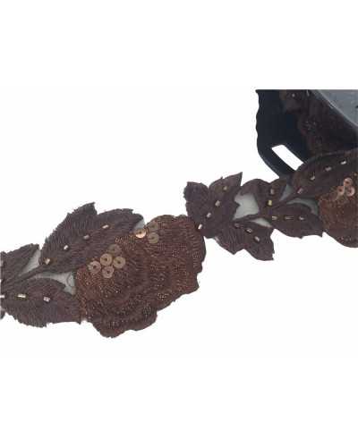 Besatzbordüre, ausgeschnitten, bestickt, zum Aufnähen, 105 mm x 50 mm, braune Paillettenröhrchen